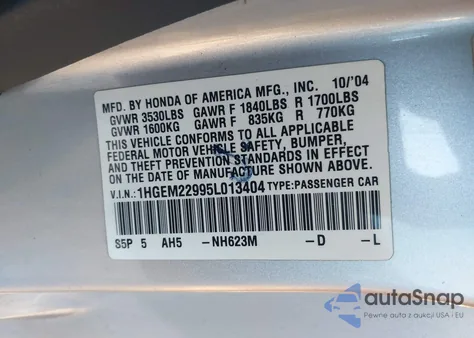 2005 Honda Civic Ex z USA, uszkodzony, nr VIN 1HGEM22995L013404